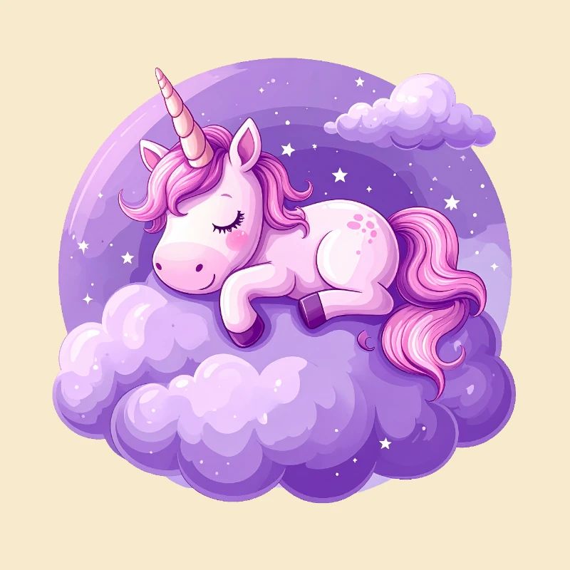 Pink unicorn sleeping on a purple cloud