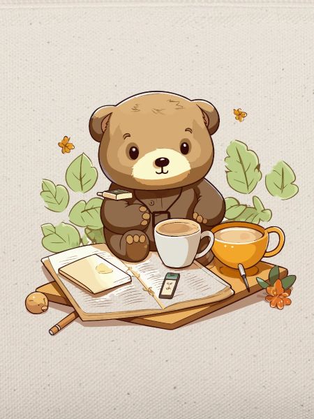Kuschelbär beim Lesen mit Kaffee