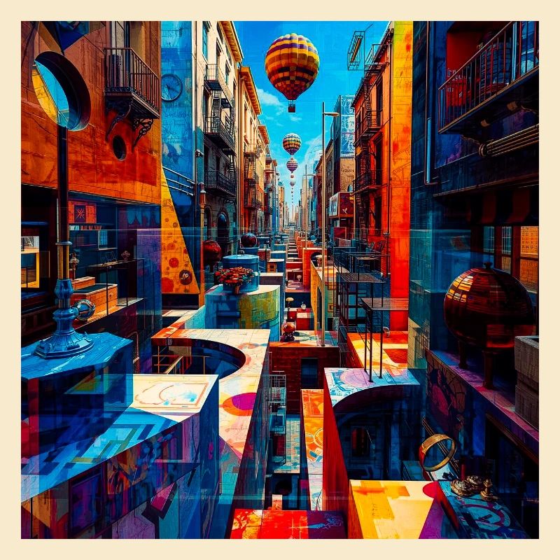 Buntes Straßenlabyrinth mit Luftballons