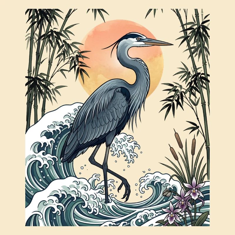 Große Blaureiher Great Wave Küstentierkunst