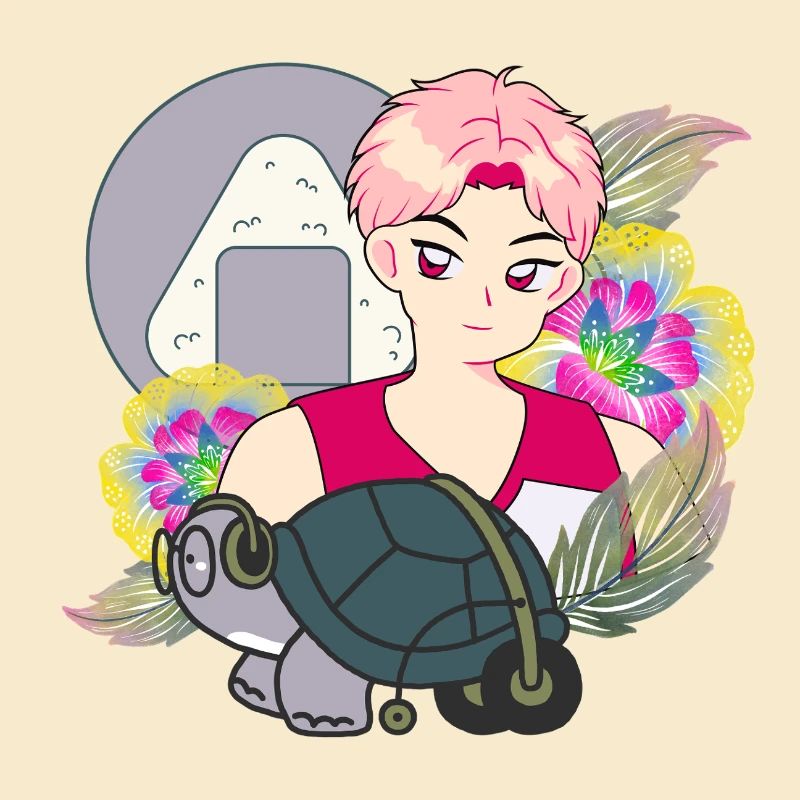 Anime-Junge und Schildkröte mit Walker-Kunst