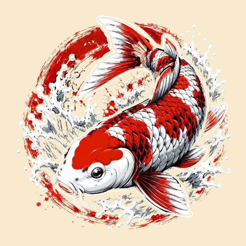 Red White Koi Carp Splash Art Design
