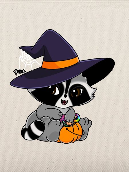 Snuggles der Waschbär mit Halloweensüßigkeiten