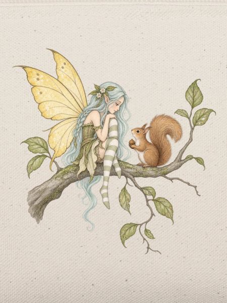 Feen auf Ast mit Eichhörnchen