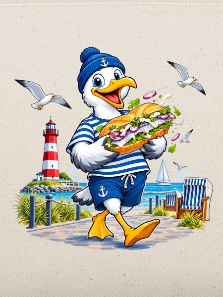 Küstenmöwe Mopsi mit Sandwich