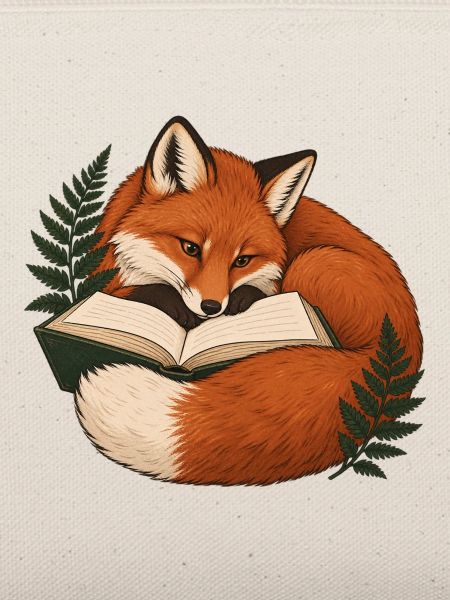 Lesefuchs mit Buch und Farn