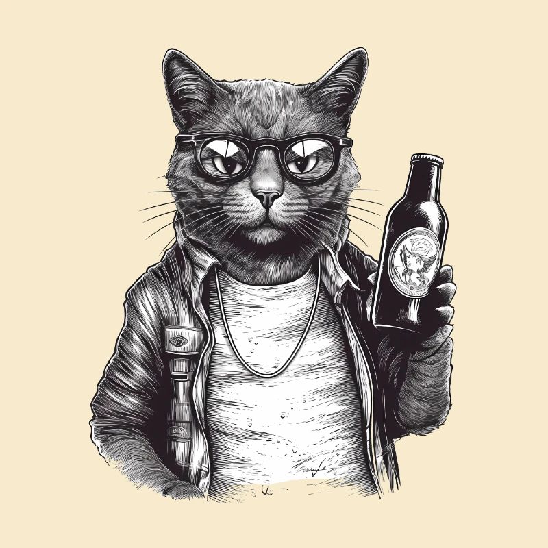 Cool cat with beer, leather jacket and sunglasses