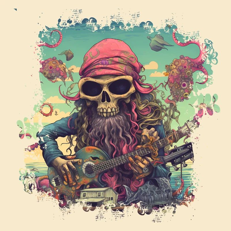 Psychedelisches Hippie Skelett mit Gitarre