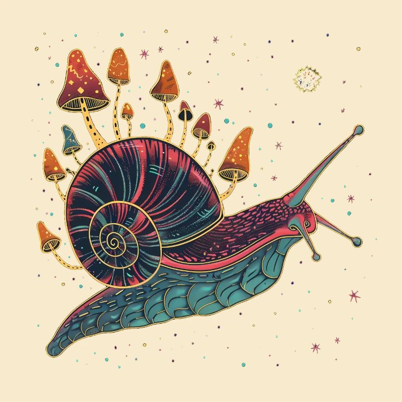 Colorful surreal snail with mushrooms