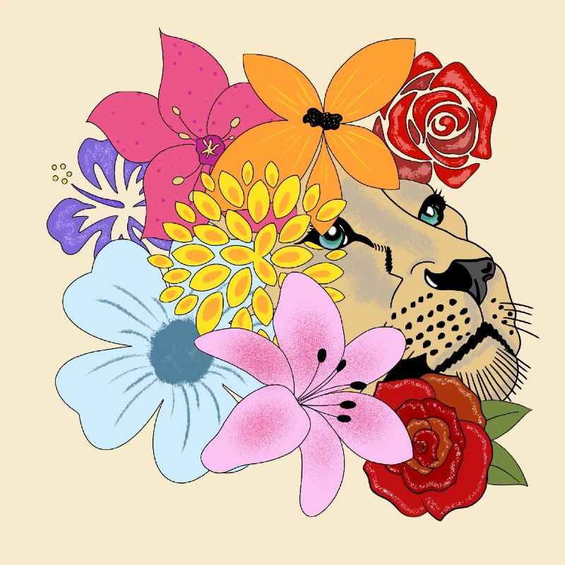 Löwin mit Blumen