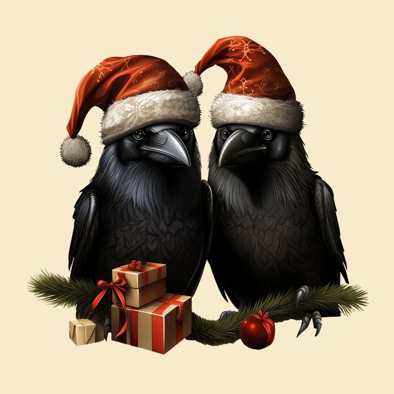 Christmas ravens Hugin and Munin with hats