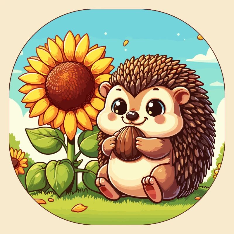 Cute hedgehog with sunflower on a meadow