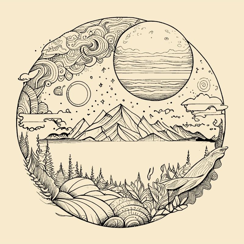 Psychedelic landscape as fine line graphics