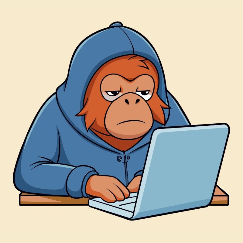 Mignon orang-outan hacker dans un sweat à capuche devant le PC