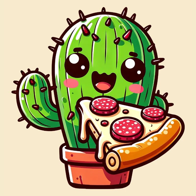 Kawaii Kaktus mit Pizza, Comic-Stil