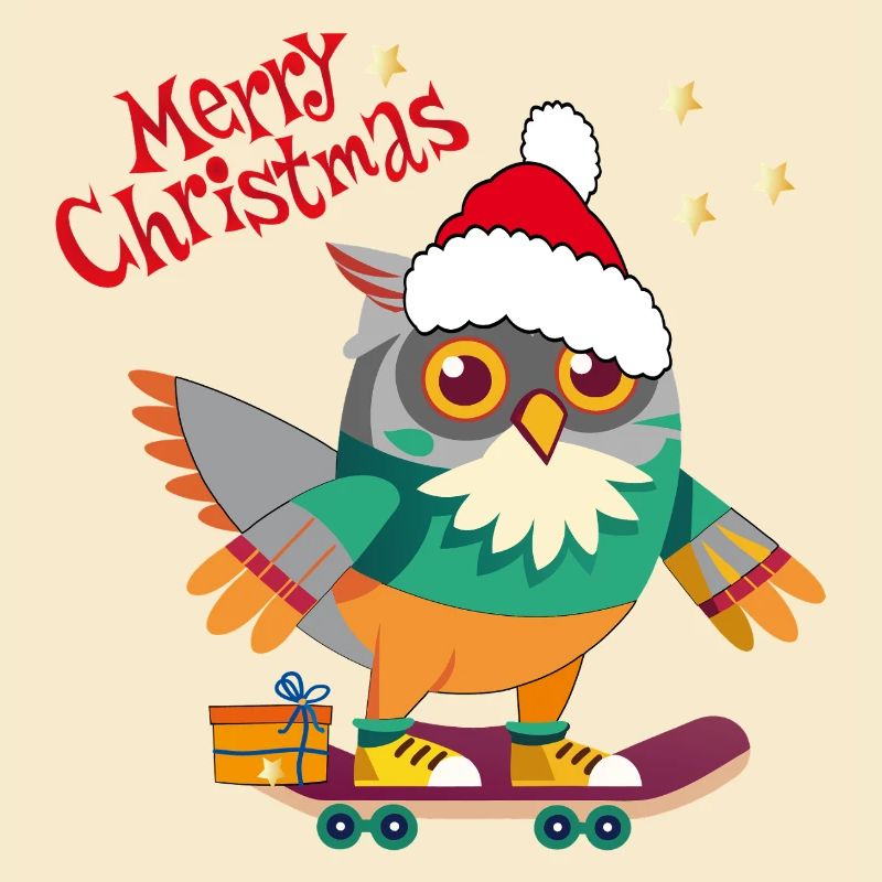 Weihnachtseule auf Skateboard