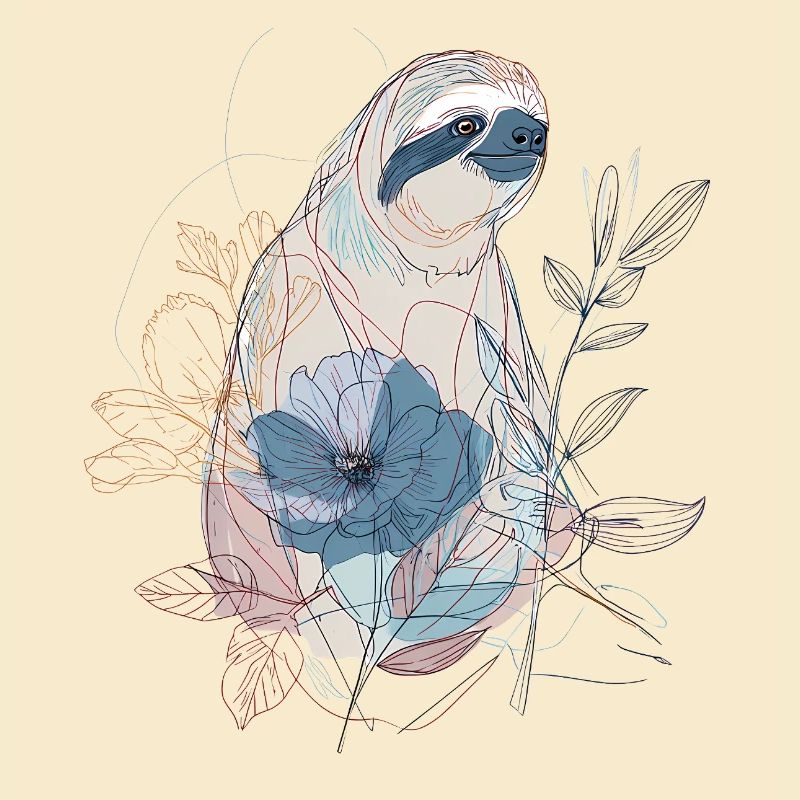 Lineart Faultier mit blauer Blüte – Boho Stil