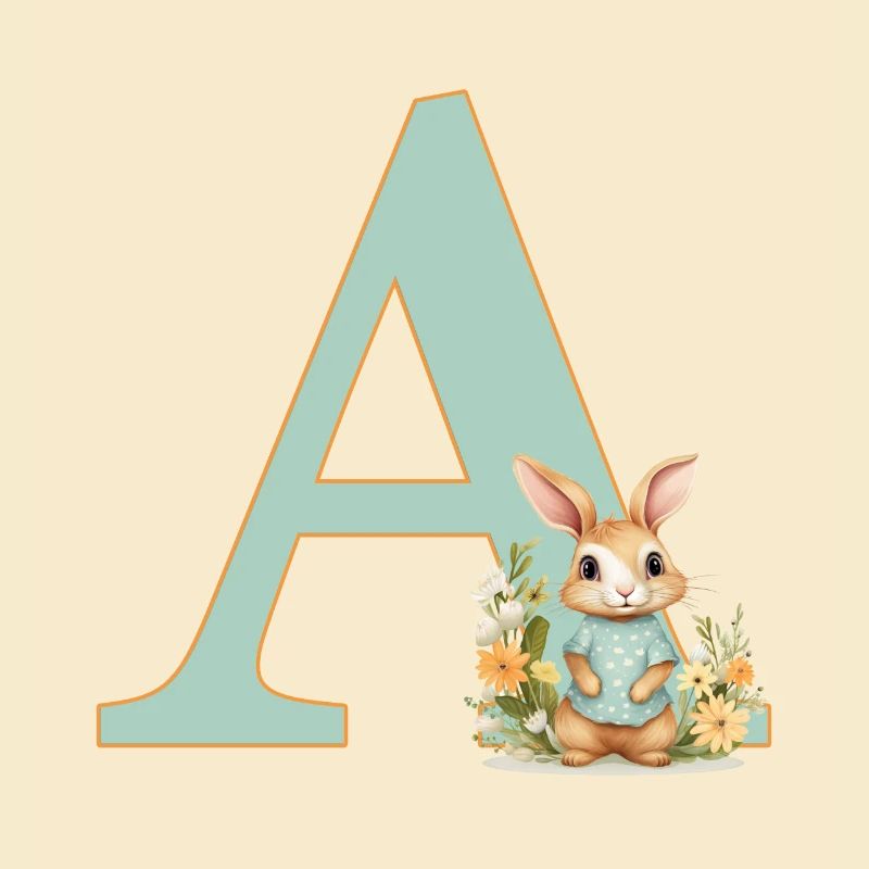 Lettre A, Monogramme, Fleurs, Lapin