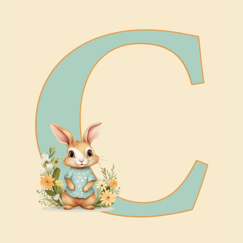 Letter C, Monogram, Flowers, Bunny
