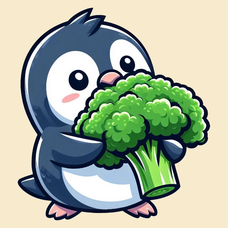 Funny Penguin with Broccoli Vegetables Vegan Comic