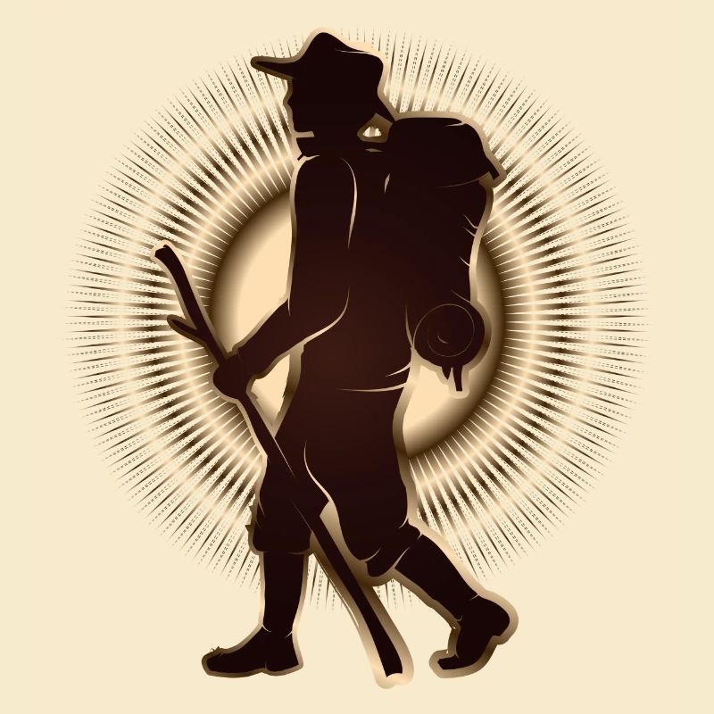 Pilger oder Wanderer mit Wanderstab & Rucksack