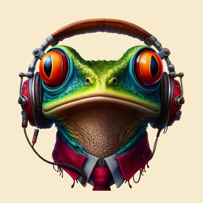Frosch mit Kopfhörer und Krawatte