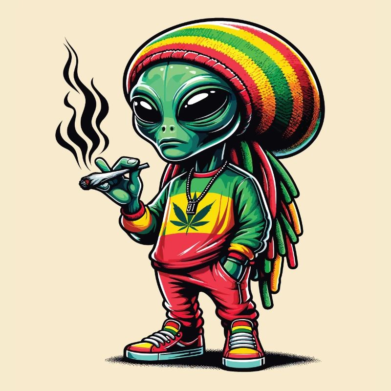 A Rasta alien smoking a cannabis joint