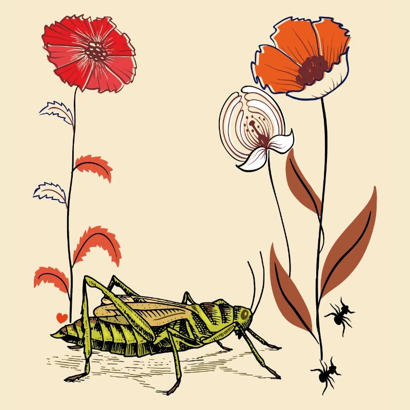 Gartenblume mit Grashüpfer und Ameisen