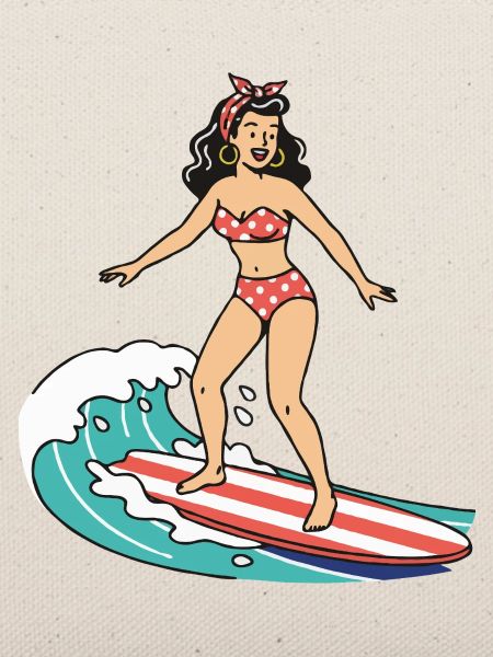 Pin-up-Mädchen auf dem Surfbrett