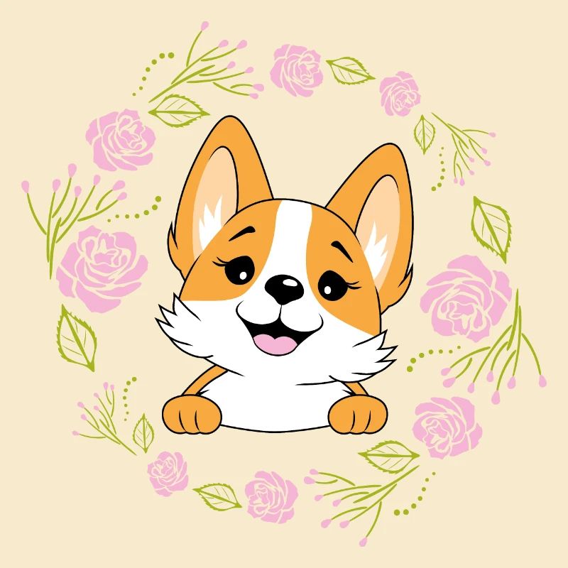 Jeter un coup d’œil heureux chien Corgi dans une couronne de fleurs