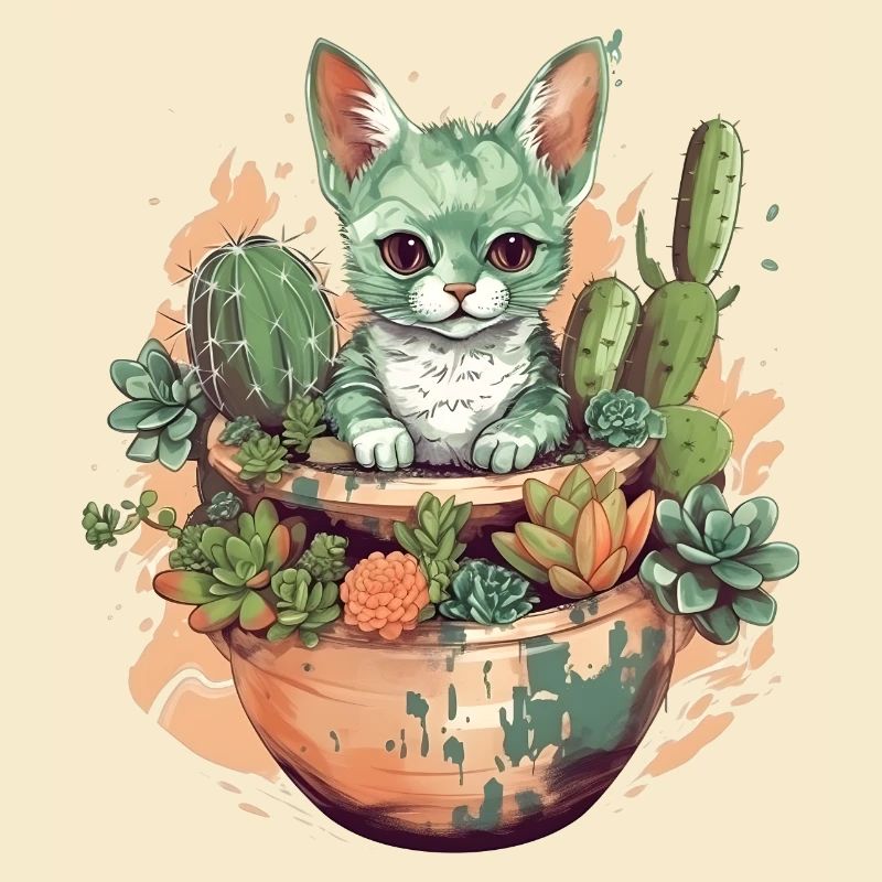 Chat en pot de téracotta avec cactus