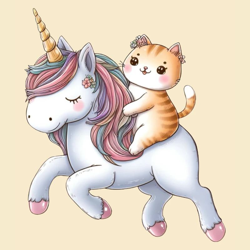Petite licorne avec un chat comme cavalier