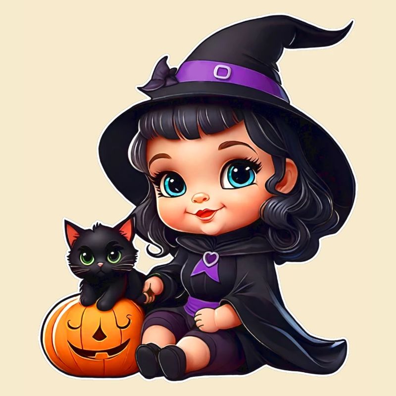 Sorcière mignonne avec chat noir et citrouille