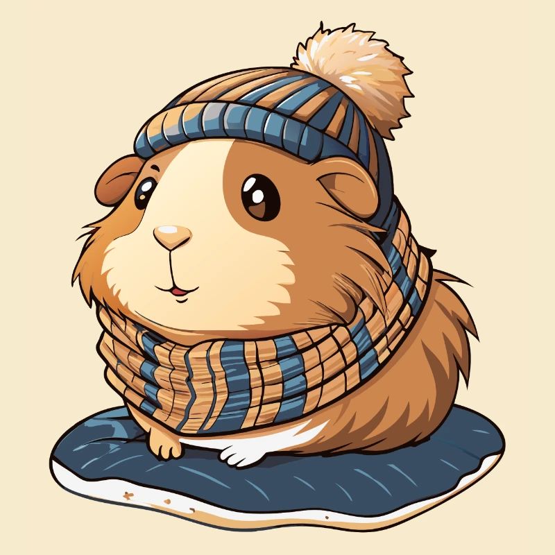 Mignon cochon d’Inde avec écharpe et chapeau à pompon.