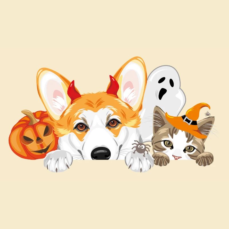 Spähender Corgi und Katze mit Halloween-Accessoires