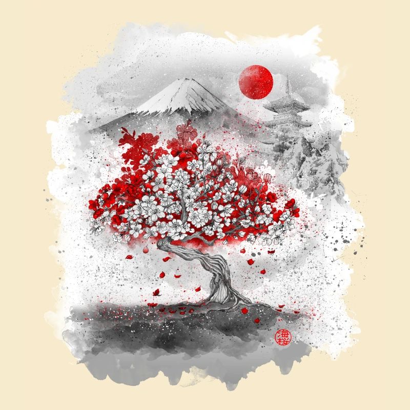 Mount Fuji behind a cherry tree