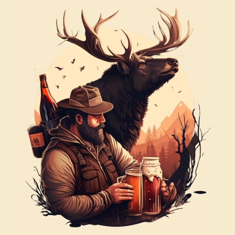 Hunter with beer in the forest at sunset