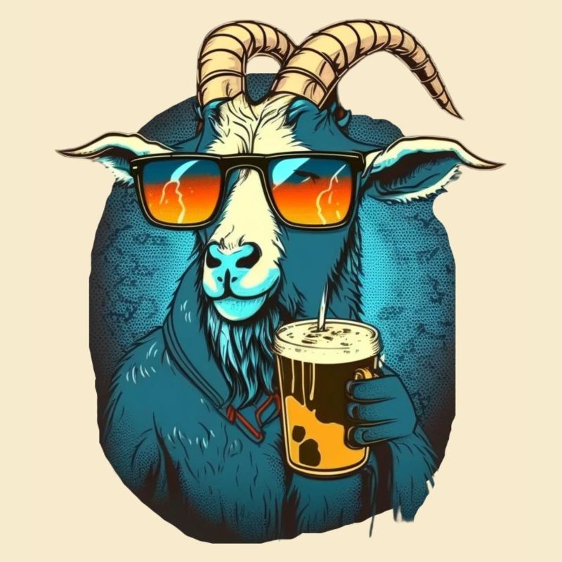 Cooler Bock mit Sonnenbrille und Bier