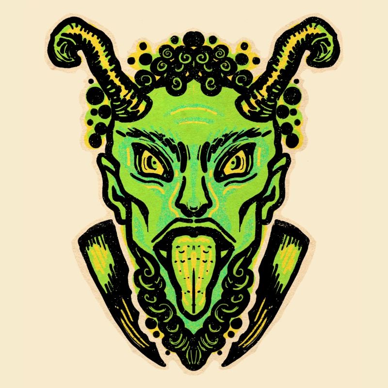 Krampus vert avec langue et cornes