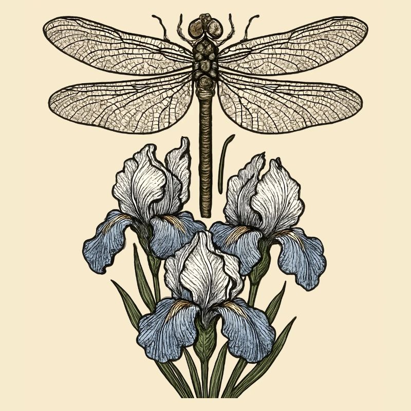 Libellule sur fleurs d’iris