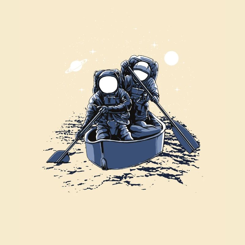 Two astronauts row through the universe.