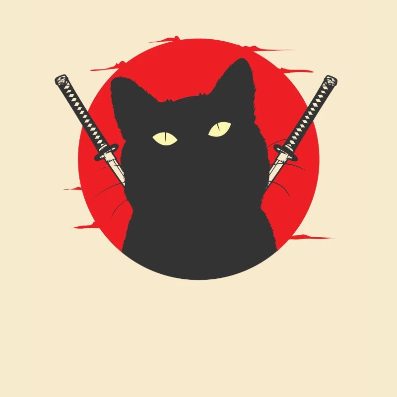 Schwarze Samurai Katze mit Schwerterpaar