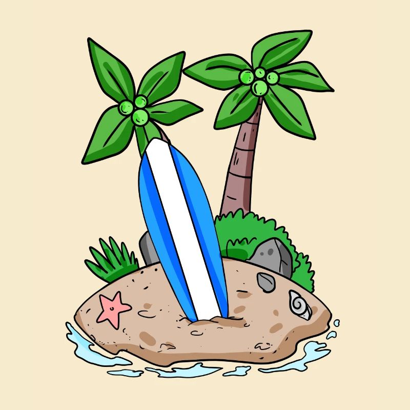 Île avec planche de surf