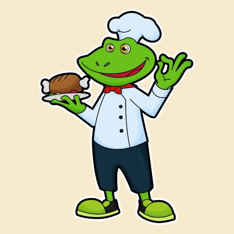 Frog as cook with serving plate & chicken