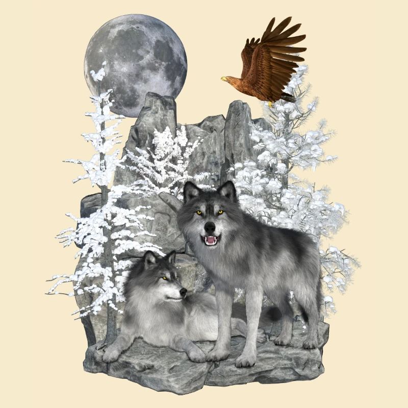 Wolves on rocks with eagle and moon