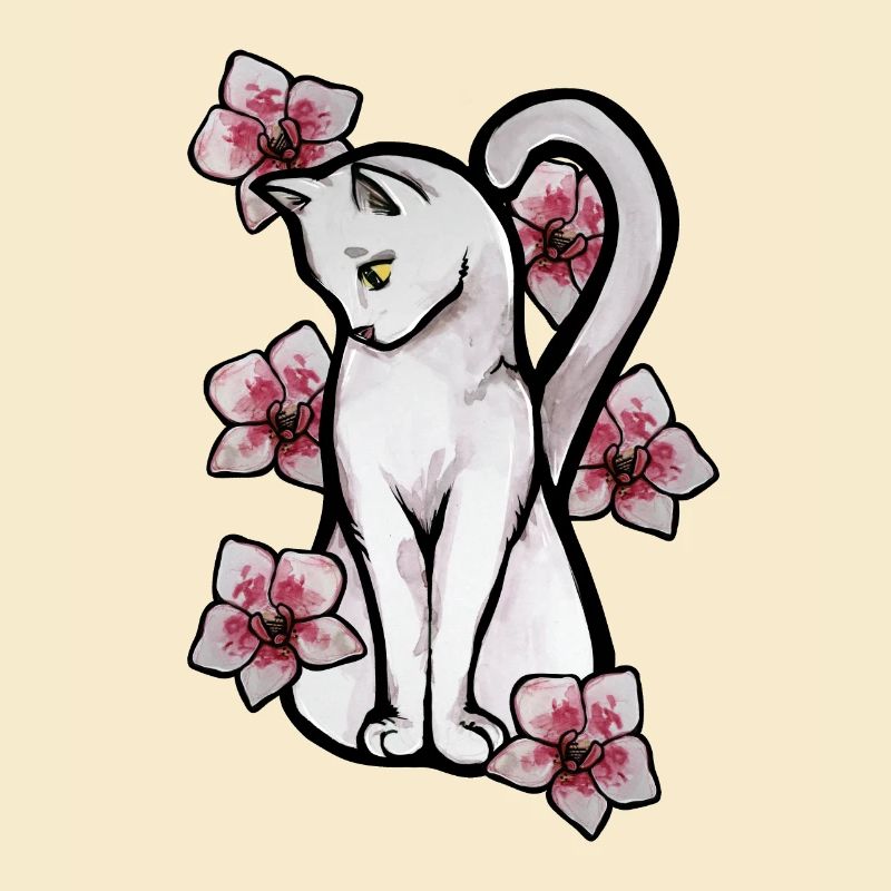 Pink Orchids White Cat