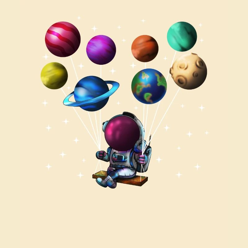 Solar system astronaut with planets as balloons
