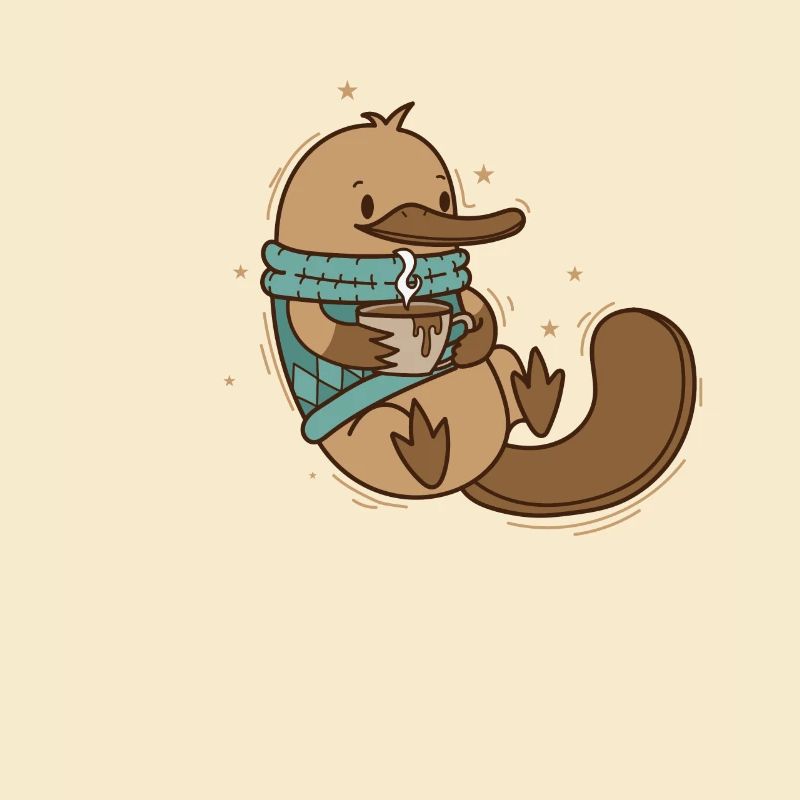 Schnabeltier im Winter mit Pullover und Kaffee