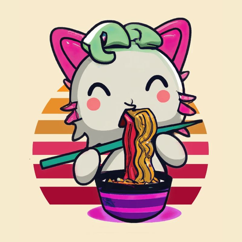 Axolotl cat eats ramen noodles