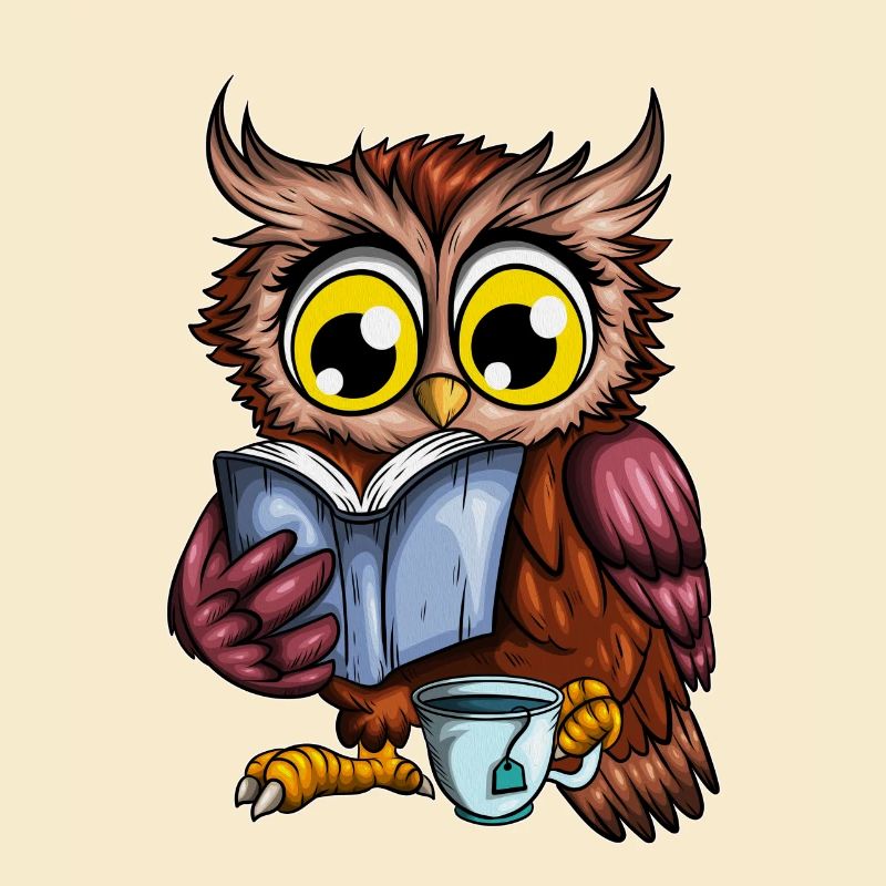 Eule mit heißem Tee Gemütlich ein Buch lesen